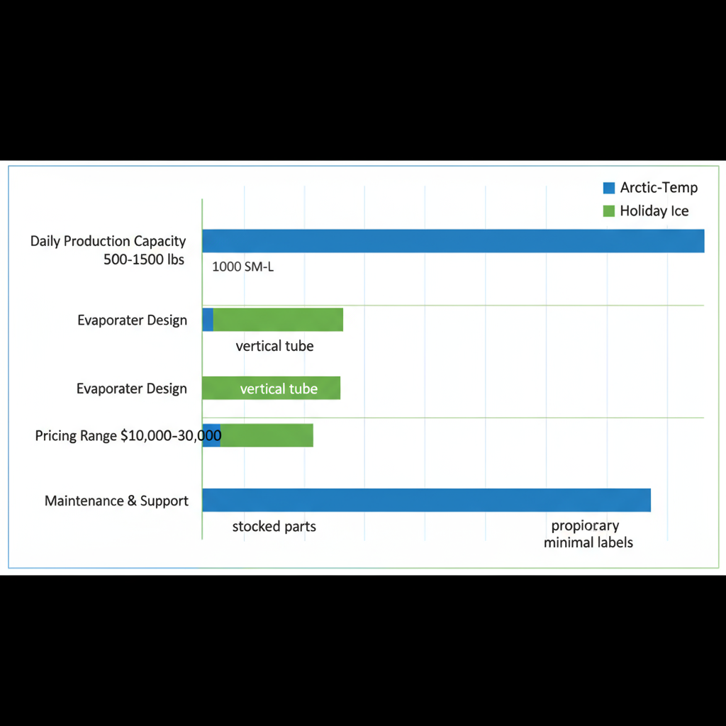 Horizontal bar chart comparing production capacity, evaporator design, pricing, and maintenance features of Arctic-Temp and Holiday Ice industrial ice machines