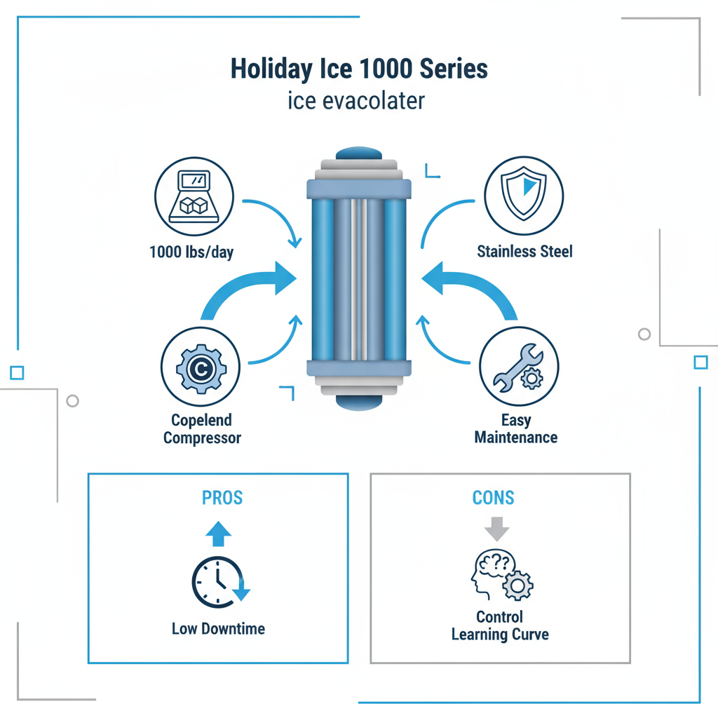 Infographic showing key features and performance icons for Holiday Ice 1000 Series industrial ice machines