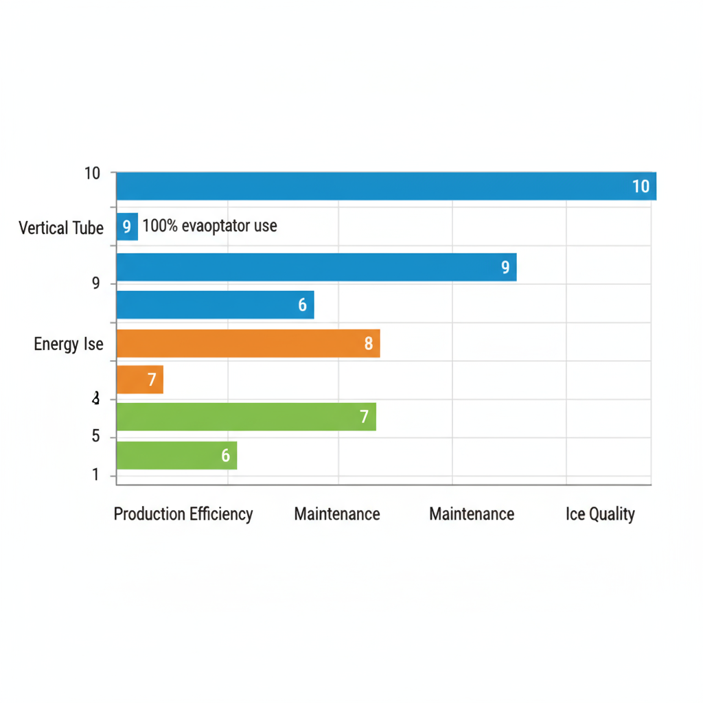 Horizontal bar chart comparing Vertical Tube, Plate Ice, and Flake Ice machines on efficiency, energy, maintenance, and quality metrics