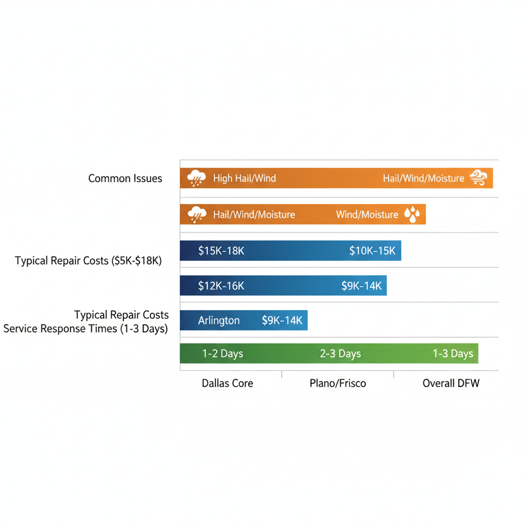 Horizontal bar chart comparing commercial roofing challenges, costs, and response times across DFW areas including Dallas Core, Fort Worth, Plano/Frisco, Arlington, and overall DFW.
