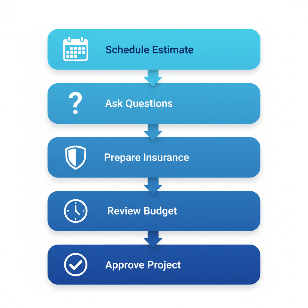 Vertical process flow illustrating five key steps to initiate a commercial roofing project: scheduling free estimate, asking about experience and warranties, preparing insurance documentation, reviewing timeline and budget, and approving the project start.