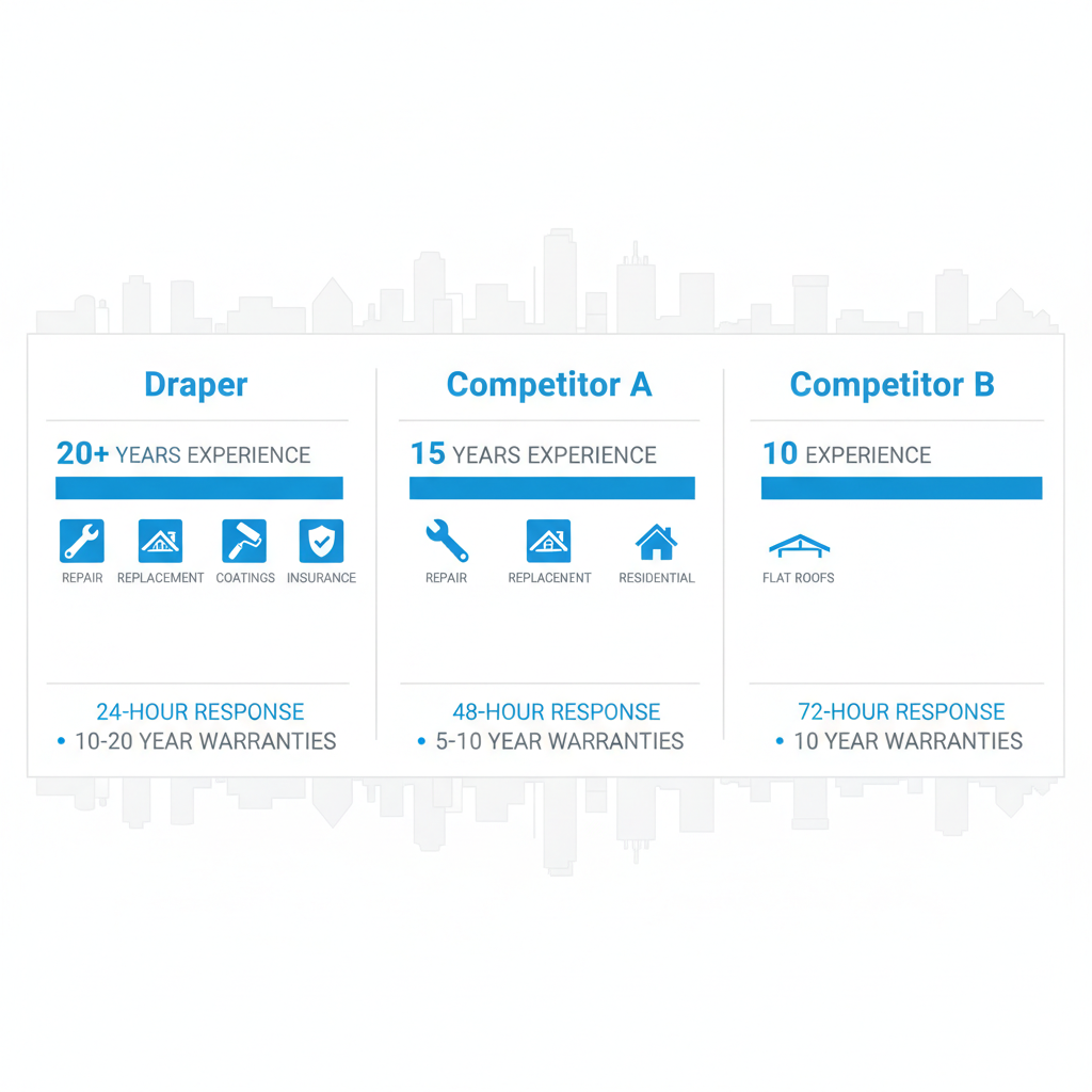 Infographic comparing Dallas commercial roofing contractors Draper Construction with competitors on experience, services, response times, and warranties