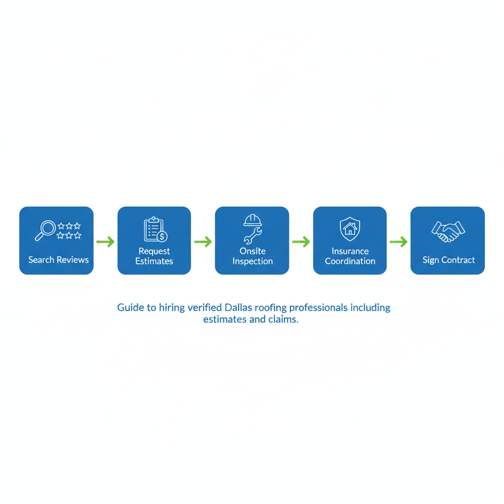 Horizontal process flow diagram illustrating the five steps to hire commercial roofing contractors in Dallas