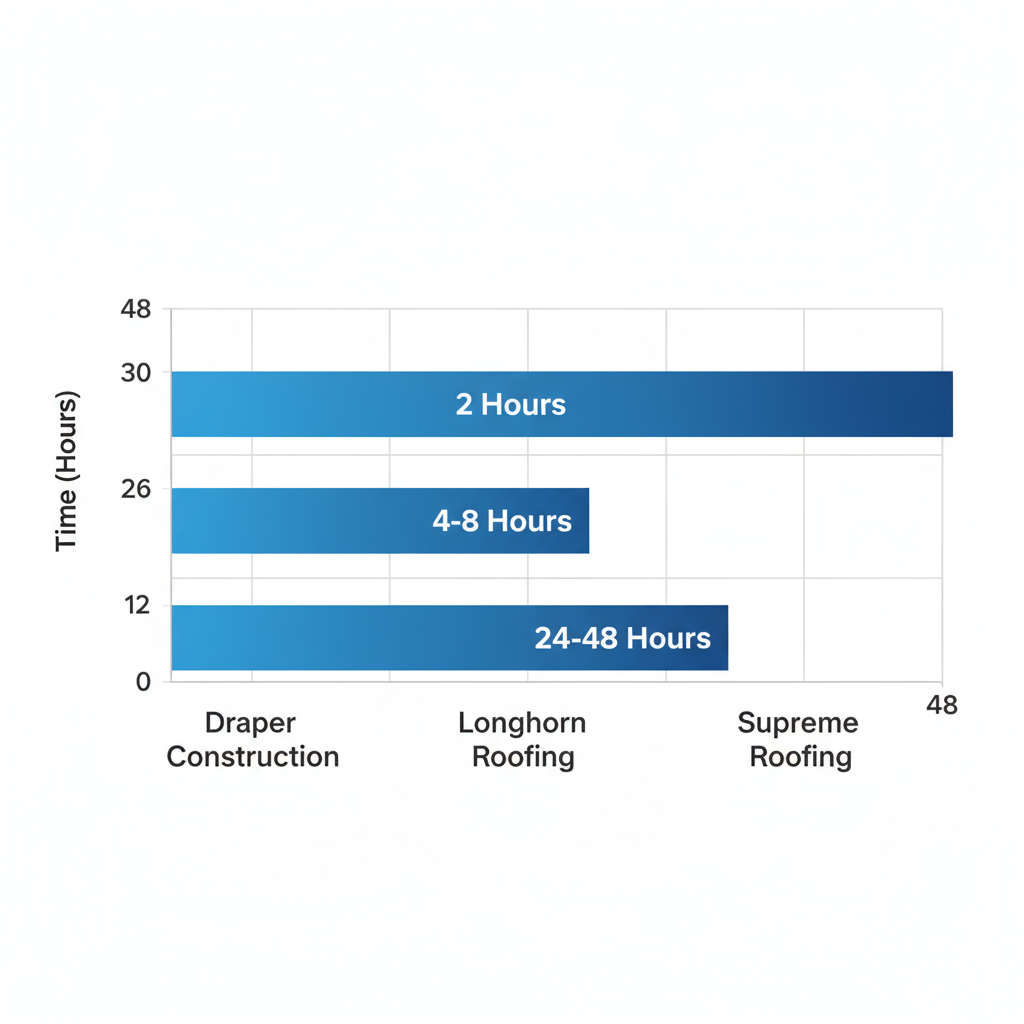 Horizontal bar chart showing emergency response times for Dallas commercial roofing providers: Draper at 2 hours, Longhorn at 4-8 hours, Supreme at 24-48 hours.