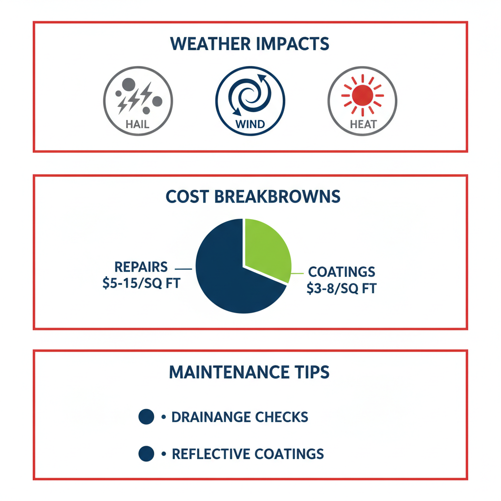 Infographic illustrating key Dallas commercial roofing considerations: weather impacts, cost breakdowns, and maintenance tips