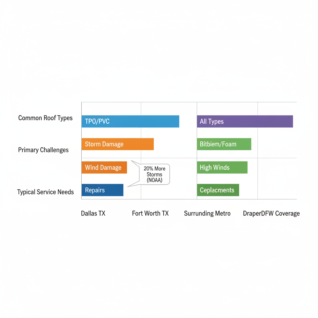 Horizontal bar chart comparing commercial roofing challenges in Dallas, Fort Worth, metro areas, and DraperDFW coverage