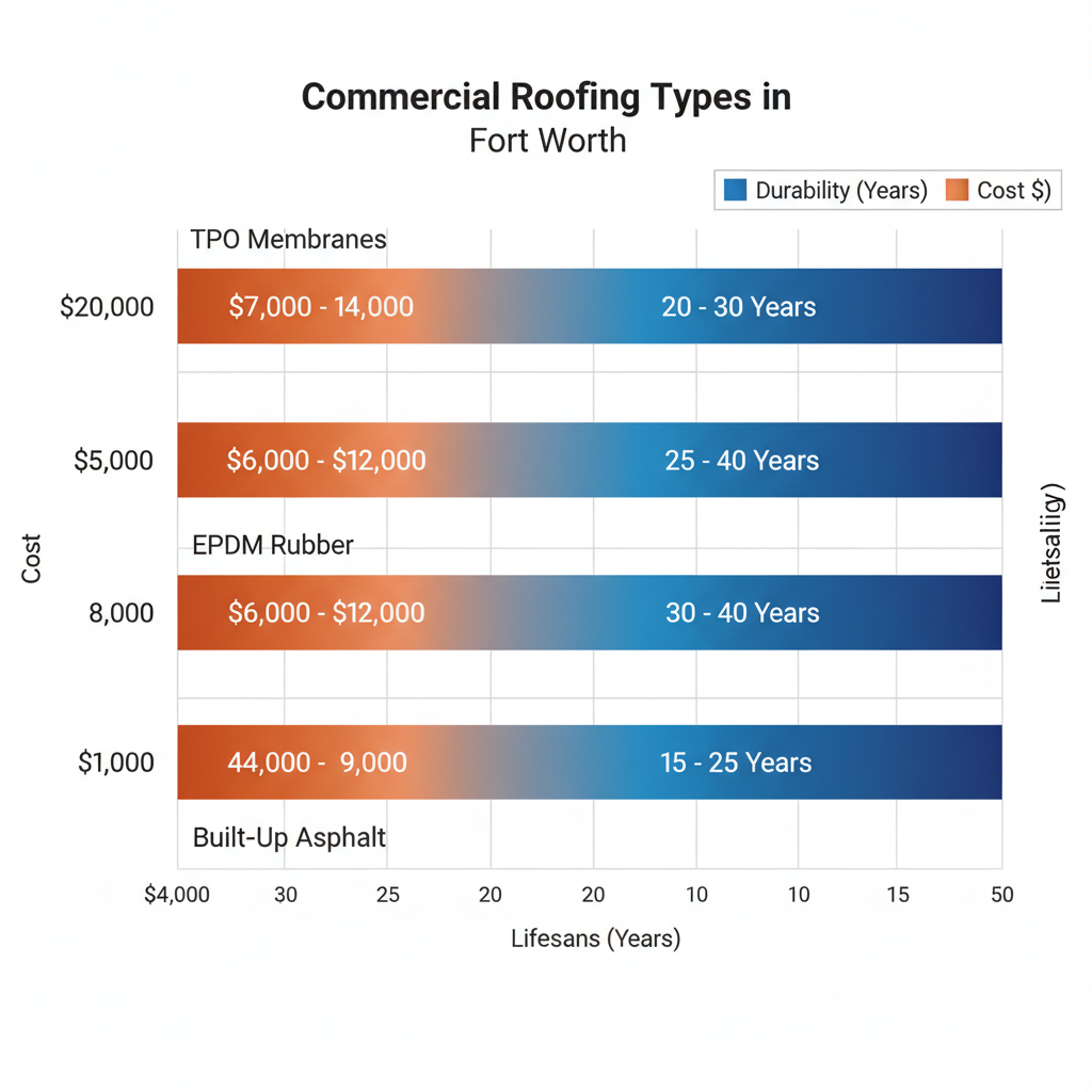 Horizontal bar chart comparing commercial roofing types in Fort Worth by cost ranges and lifespan.
