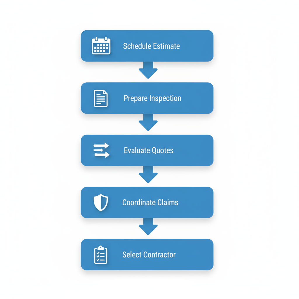 Vertical process flow diagram illustrating five key steps for starting a commercial roofing project in Dallas