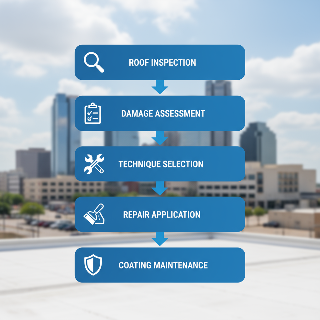 Vertical process flow diagram illustrating five stages of commercial roof repair options in Fort Worth with icons and labels