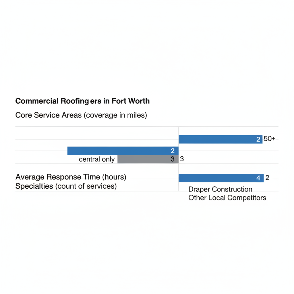 Horizontal bar chart comparing Draper Construction and local competitors in Fort Worth for roofing coverage, response time, and specialties