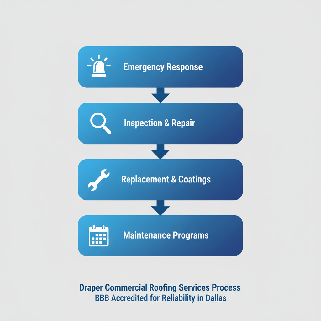 Diagram illustrating the four-stage process for commercial roofing services including emergency response, inspection, replacement, and maintenance.