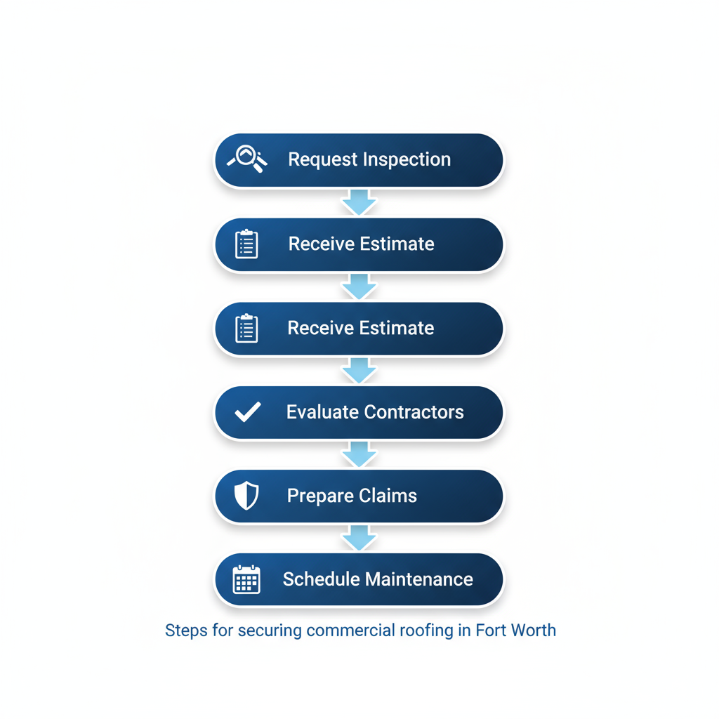 Vertical process flow diagram showing five key steps for commercial roofing projects: request inspection, receive estimate, evaluate contractors, prepare storm claims, and schedule maintenance.