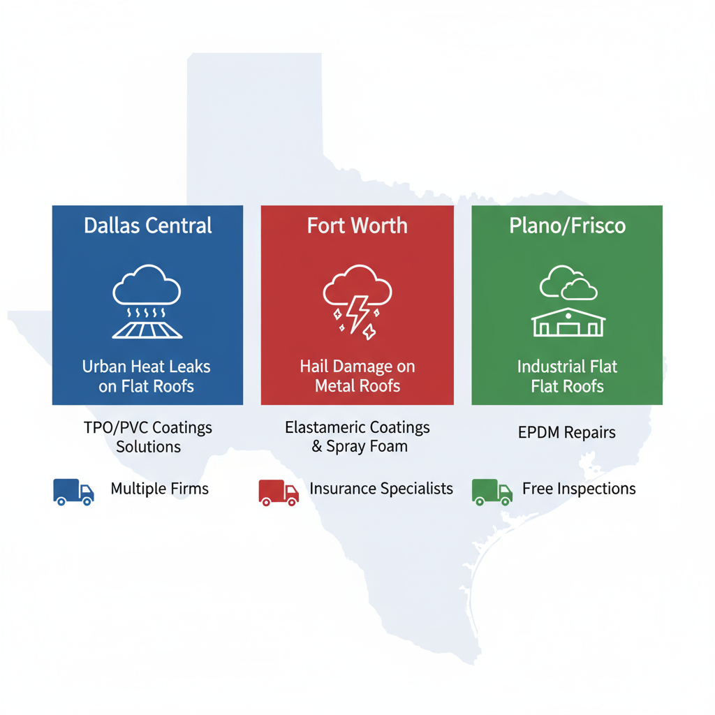 Infographic comparing key roofing challenges and solutions across Dallas Fort Worth Metroplex areas with icons and color-coded columns.