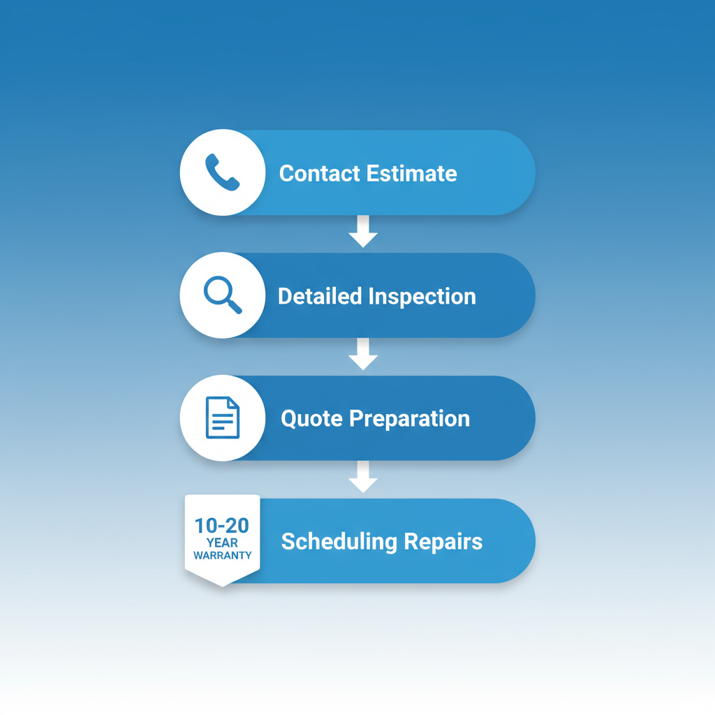 Vertical process flow diagram illustrating four steps to secure commercial roofing services in DFW with icons and minimal labels
