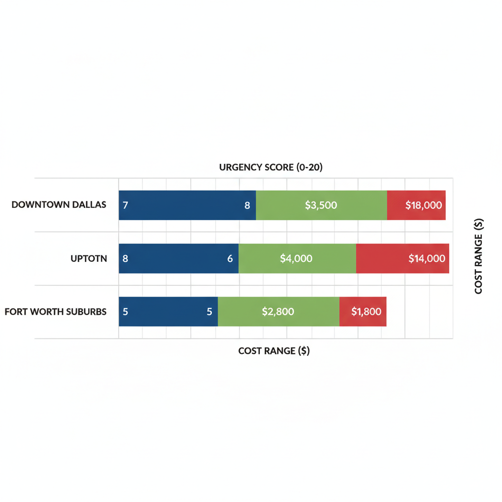 Horizontal bar chart comparing flat roof repair urgency scores and cost ranges across Dallas neighborhoods including Downtown, Uptown, North Dallas, and Fort Worth Suburbs