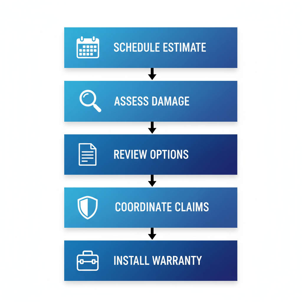 Vertical process flow diagram depicting five sequential steps for initiating flat roof repair in DFW