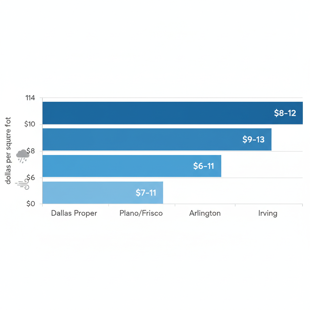 Bar chart comparing average commercial roof replacement costs per square foot in Dallas-Fort Worth areas