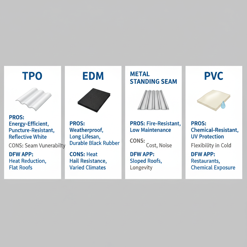 Infographic comparing TPO, EPDM, metal, and PVC commercial roofing systems for Dallas Fort Worth properties