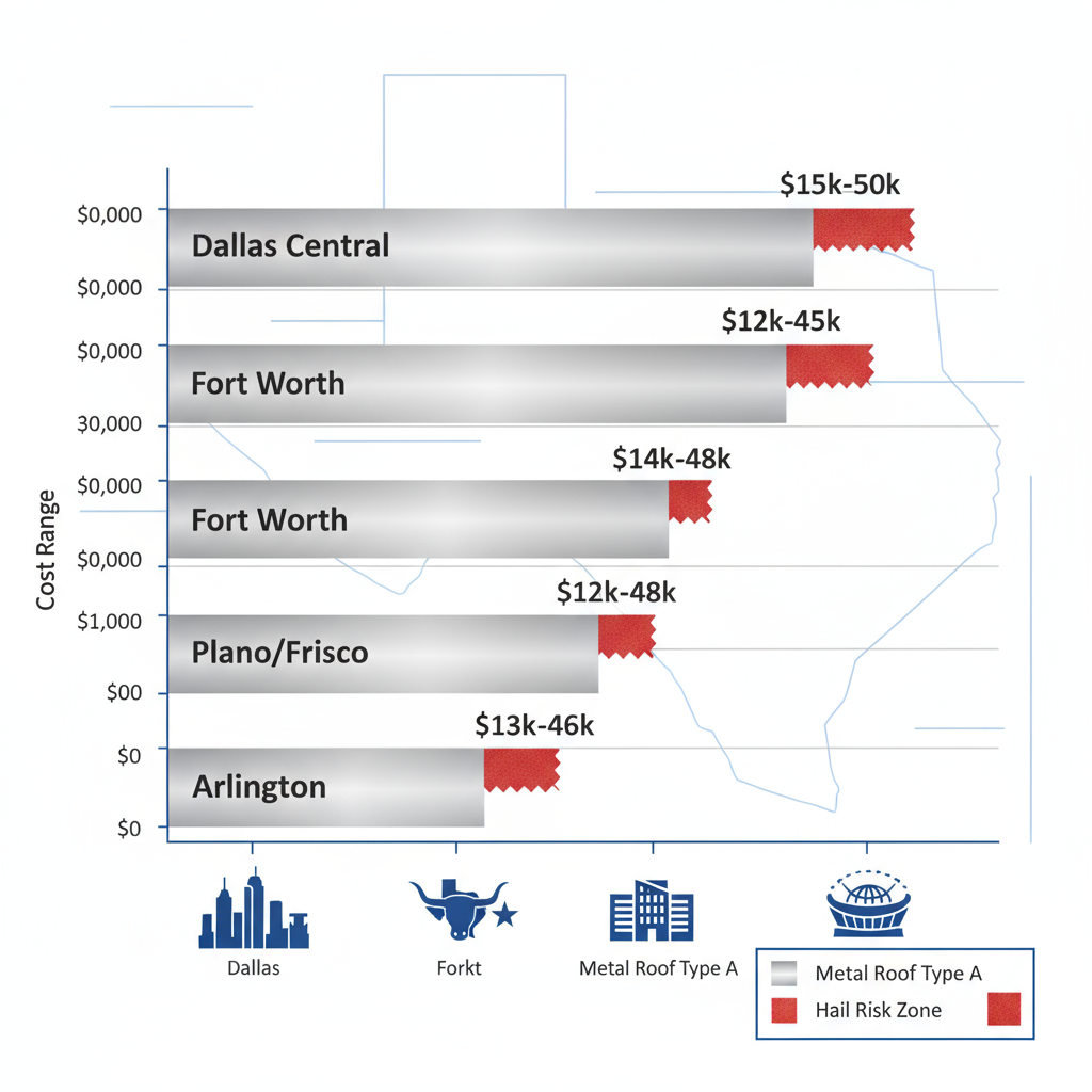 Bar chart comparing average metal roofing installation costs across Dallas-Fort Worth areas including Dallas Central, Fort Worth, Plano/Frisco, and Arlington for commercial roofs.