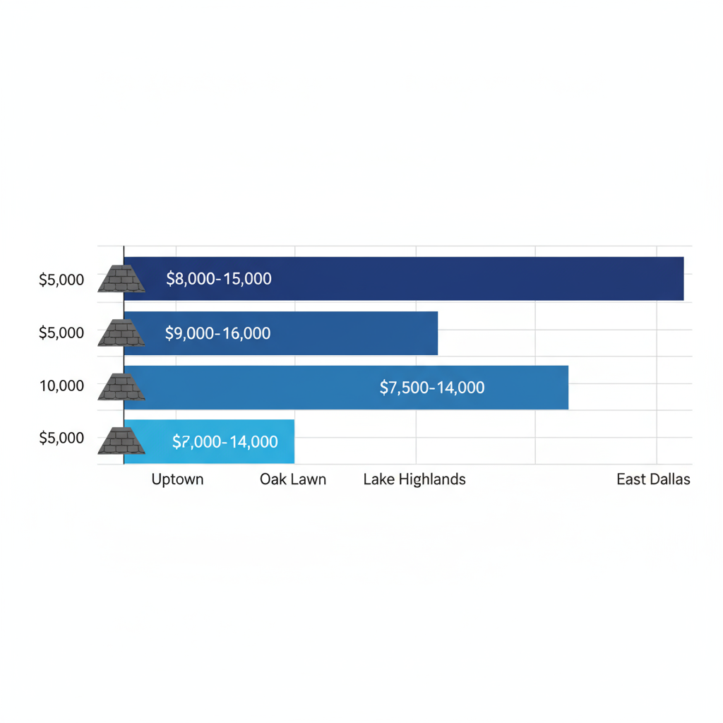 Horizontal bar chart comparing roof replacement costs in Dallas neighborhoods including Uptown, Oak Lawn, Lake Highlands, and East Dallas with cost ranges and asphalt shingle icons.