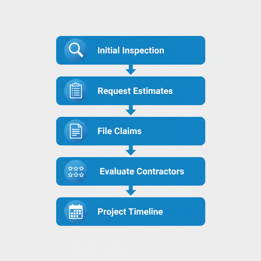 Vertical process flow diagram showing five key steps for beginning a residential roofing project in Dallas with icons and brief labels
