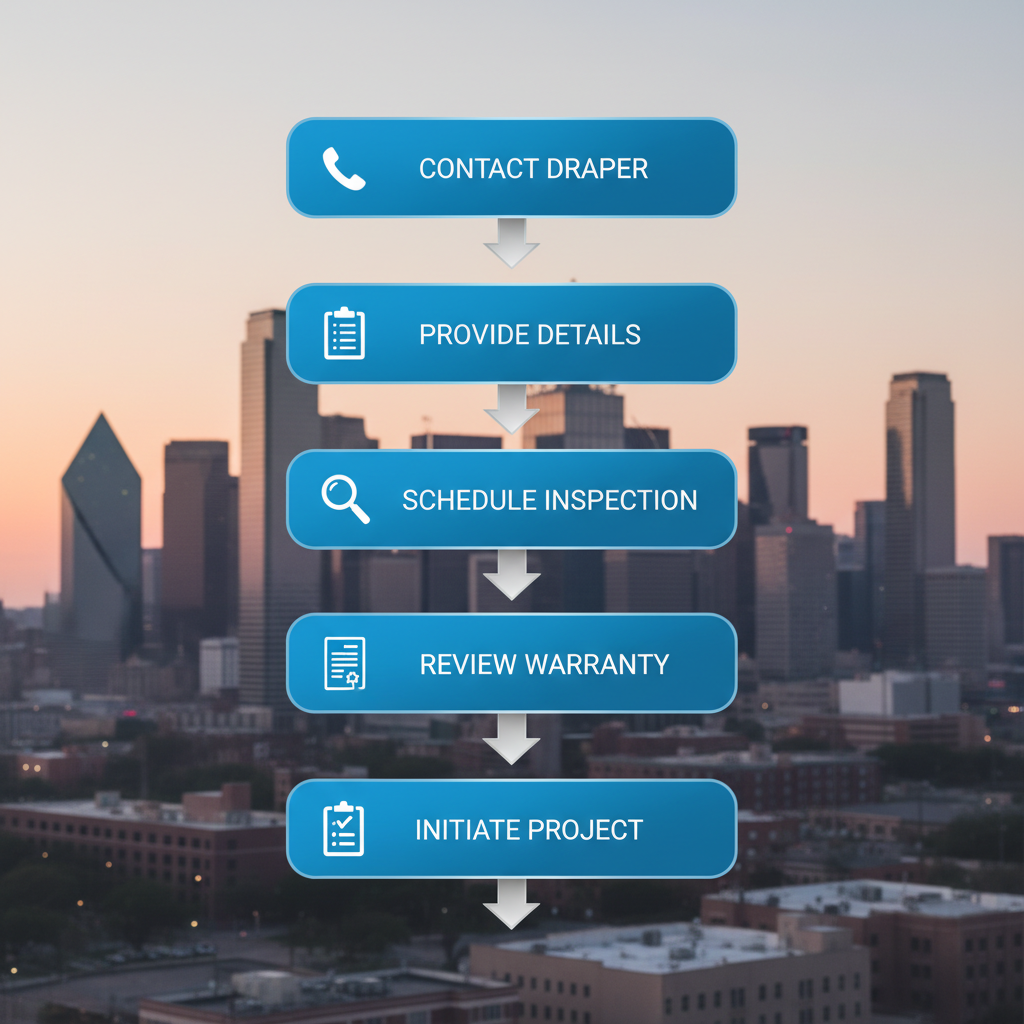 Vertical process flow diagram illustrating five key steps to initiate a DFW metal roofing project with Draper Construction.