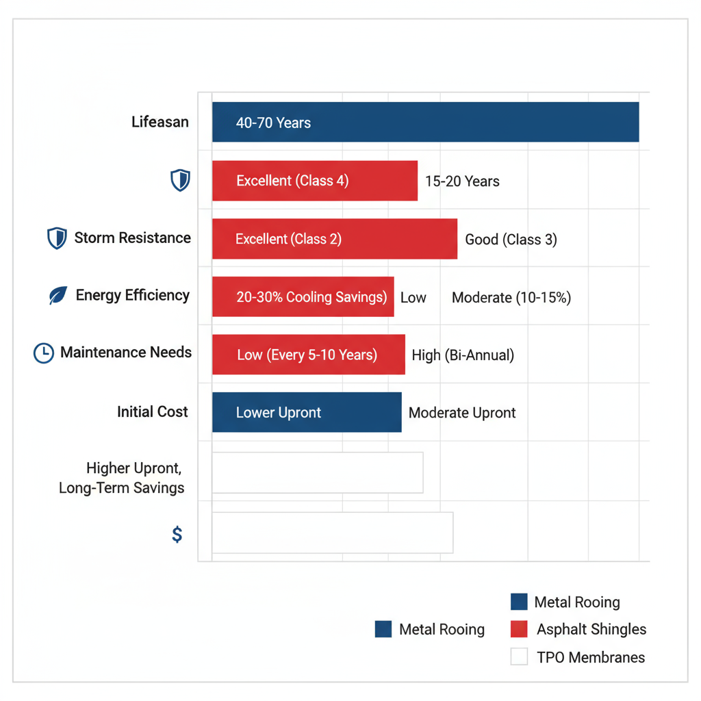 Horizontal bar chart comparing benefits of metal roofing versus asphalt shingles and TPO for Fort Worth businesses, highlighting lifespan, storm resistance, energy efficiency, maintenance, and cost.