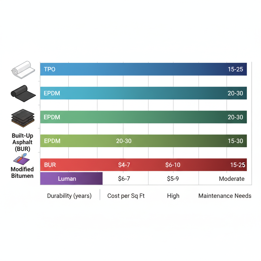 Horizontal bar chart comparing durability, cost per square foot, and maintenance needs of TPO, EPDM, BUR, and Modified Bitumen commercial roofs in DFW