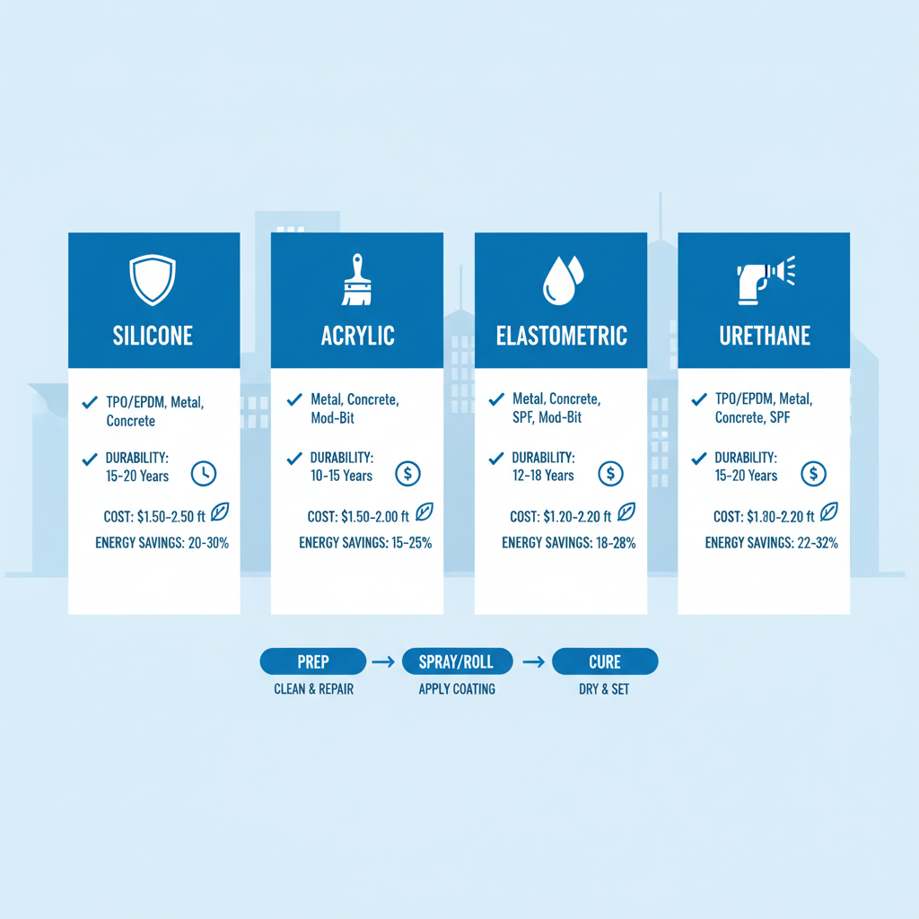 Infographic illustrating four types of flat roof coatings with icons, compatibility details, durability, costs, energy savings, and application process steps.