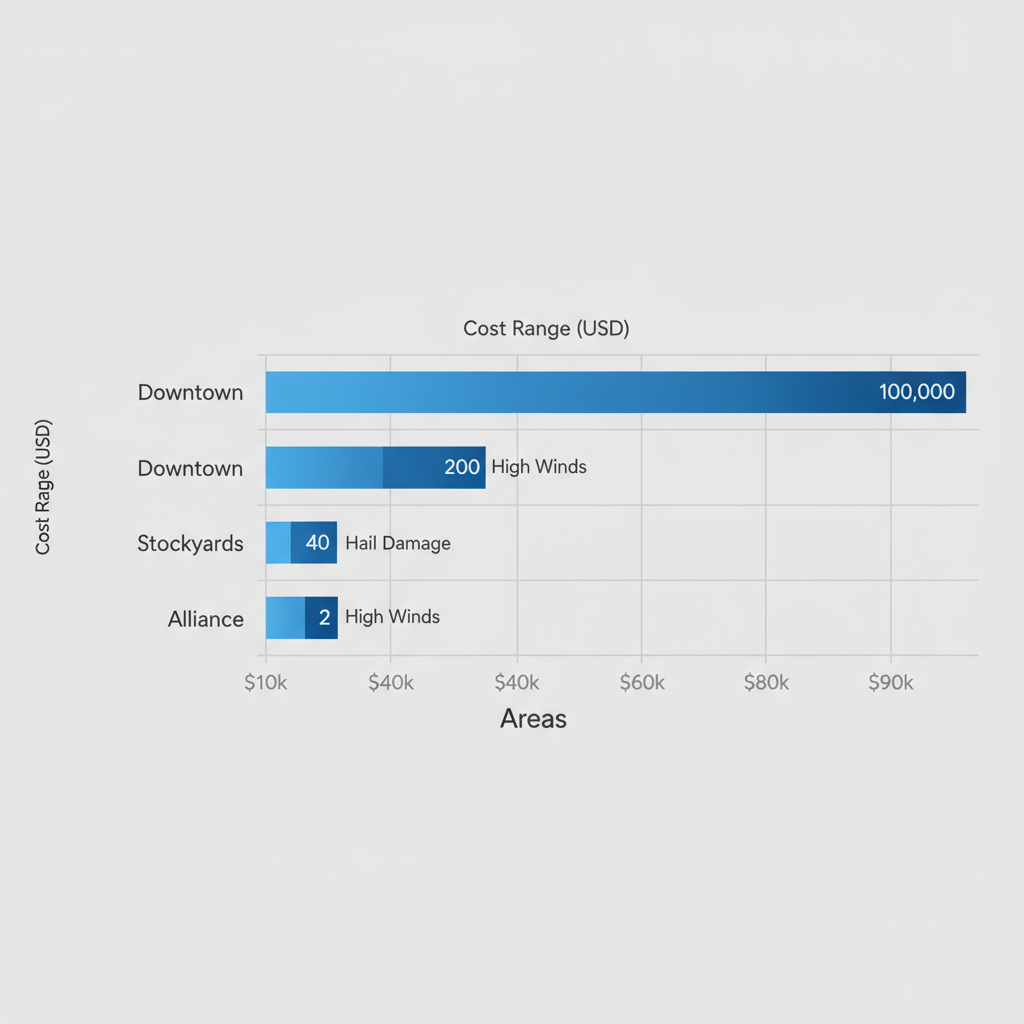 Horizontal bar chart comparing commercial roofing costs and challenges in Fort Worth areas: Downtown, Stockyards, and Alliance