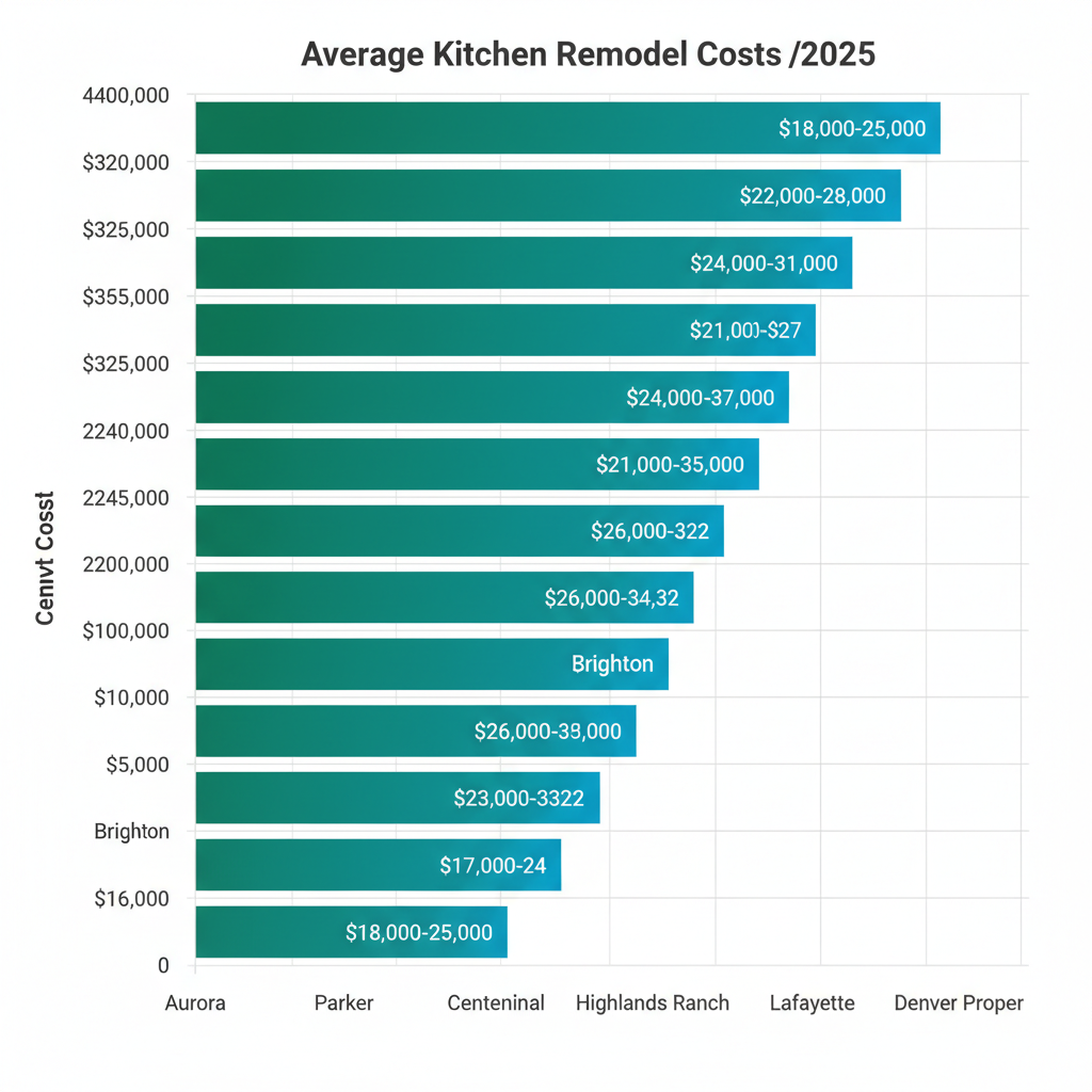 Horizontal bar chart of average 2025 kitchen remodel costs by Denver metro neighborhood