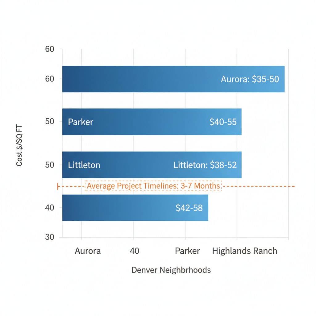 Horizontal bar chart comparing average basement remodeling costs per square foot in four Denver neighborhoods with timeline overlay