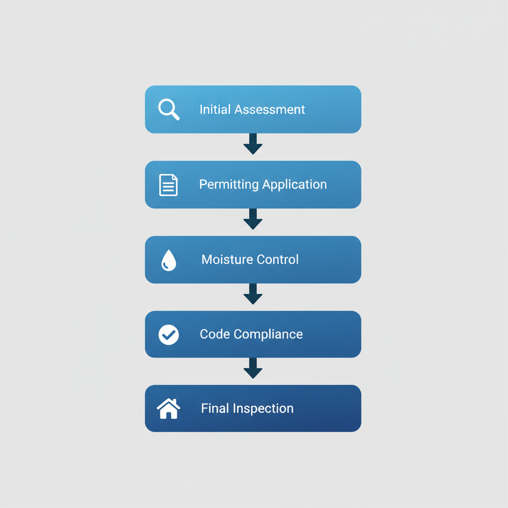 Vertical process flow diagram illustrating five steps for navigating Denver basement remodeling challenges with icons and labels.