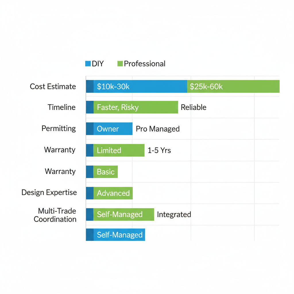 Horizontal bar chart illustrating key differences between DIY and professional home remodeling in Denver across cost, timeline, permitting, warranty, design, and coordination.