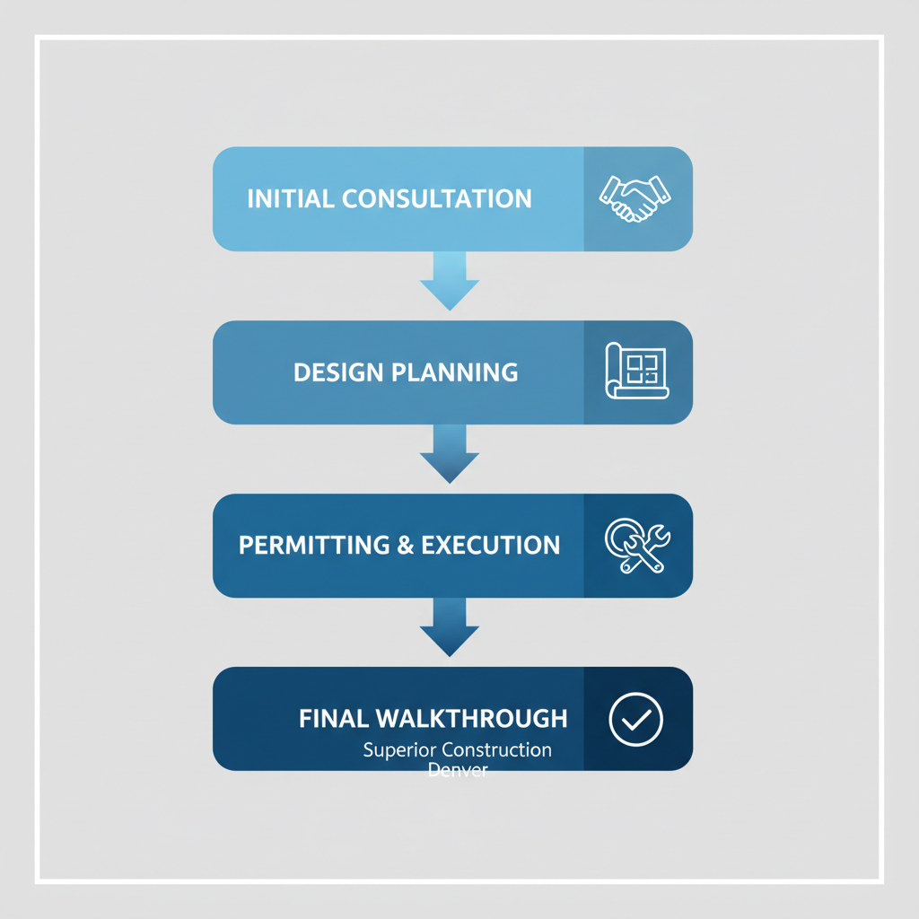 Vertical process flow diagram showing four stages of full-service home renovations with icons and arrows