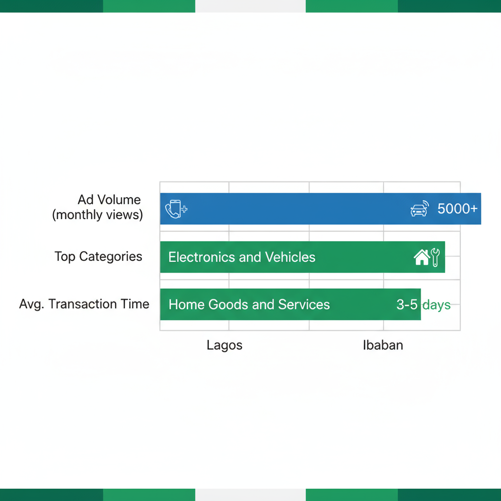 Horizontal bar chart comparing classifieds ad volume, top categories, and average transaction time between Lagos and Ibadan in Nigeria