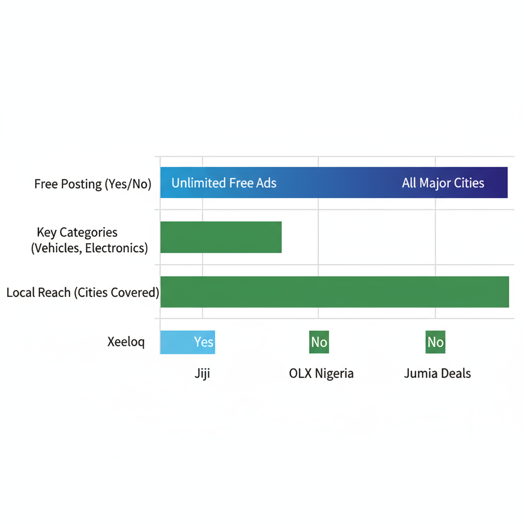 Horizontal bar chart comparing features of Nigerian classified platforms Xeeloq, Jiji, OLX Nigeria, and Jumia Deals including free posting, categories, and local reach.