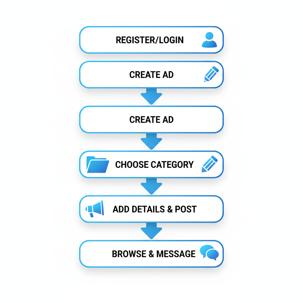 Vertical process flow diagram illustrating five steps to post and browse classified ads on Xeeloq
