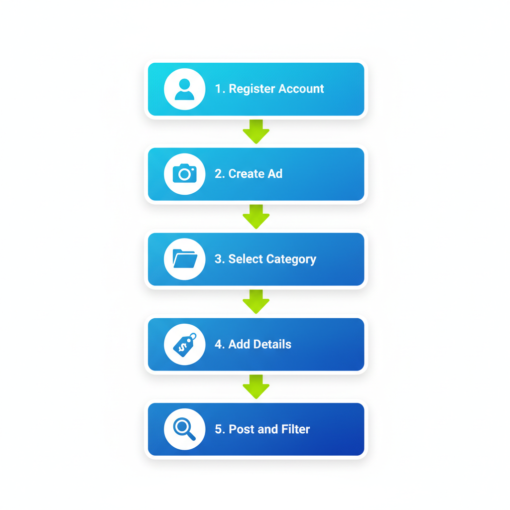Vertical process flow diagram showing five steps to start using Xeeloq classified marketplace