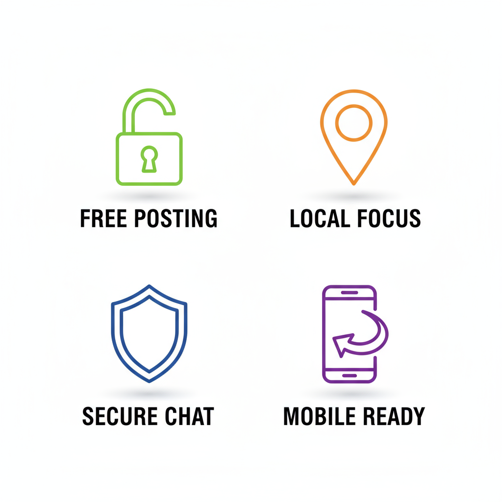 Grid of icons showing Xeeloq benefits: free posting in green lock, local focus in orange pin, safety in blue shield, and mobile access in purple phone.