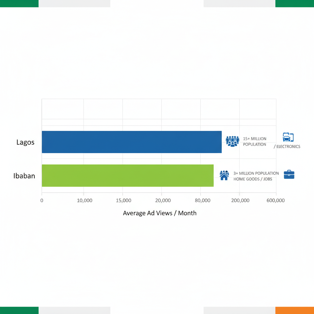 Horizontal bar chart comparing average monthly ad views in Lagos and Ibadan for Southern Nigeria classifieds, highlighting population and key categories.