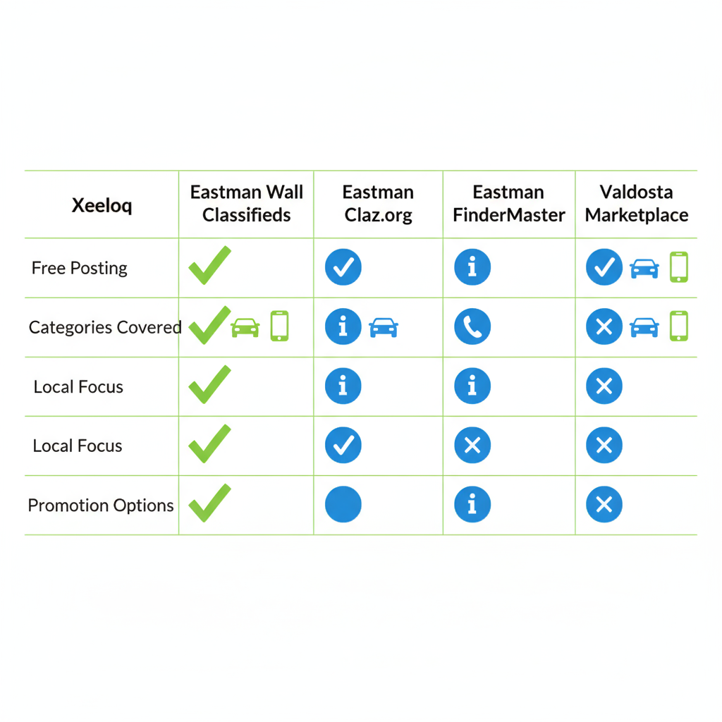 Infographic comparing classified platforms in Eastman area with features like free posting and local focus