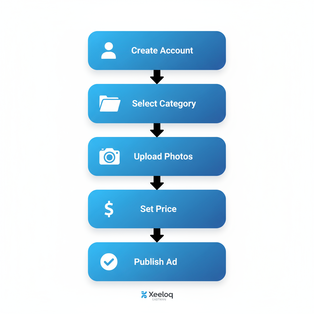 Vertical process flow diagram showing 5 steps to post a classified ad on Xeeloq: create account, select category, upload photos, set price and details, publish ad.