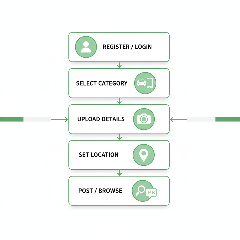Vertical process flow diagram showing five steps to register, select category, upload details, set location, and post or browse ads on Xeeloq with icons and green arrows