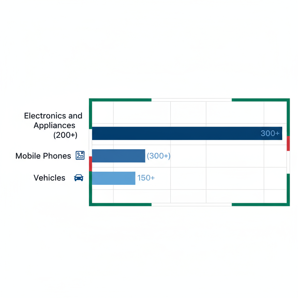 Horizontal bar chart comparing estimated active listings in Xeeloq categories including Electronics and Appliances, Mobile Phones, and Vehicles with feature icons.