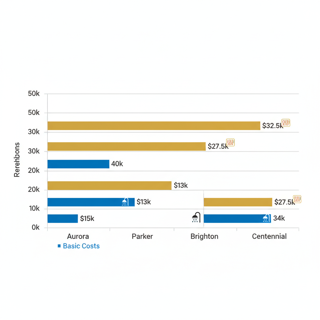 Bar chart comparing basic and luxury bathroom remodel costs in Denver neighborhoods including Aurora, Parker, Brighton, Littleton, and Centennial.
