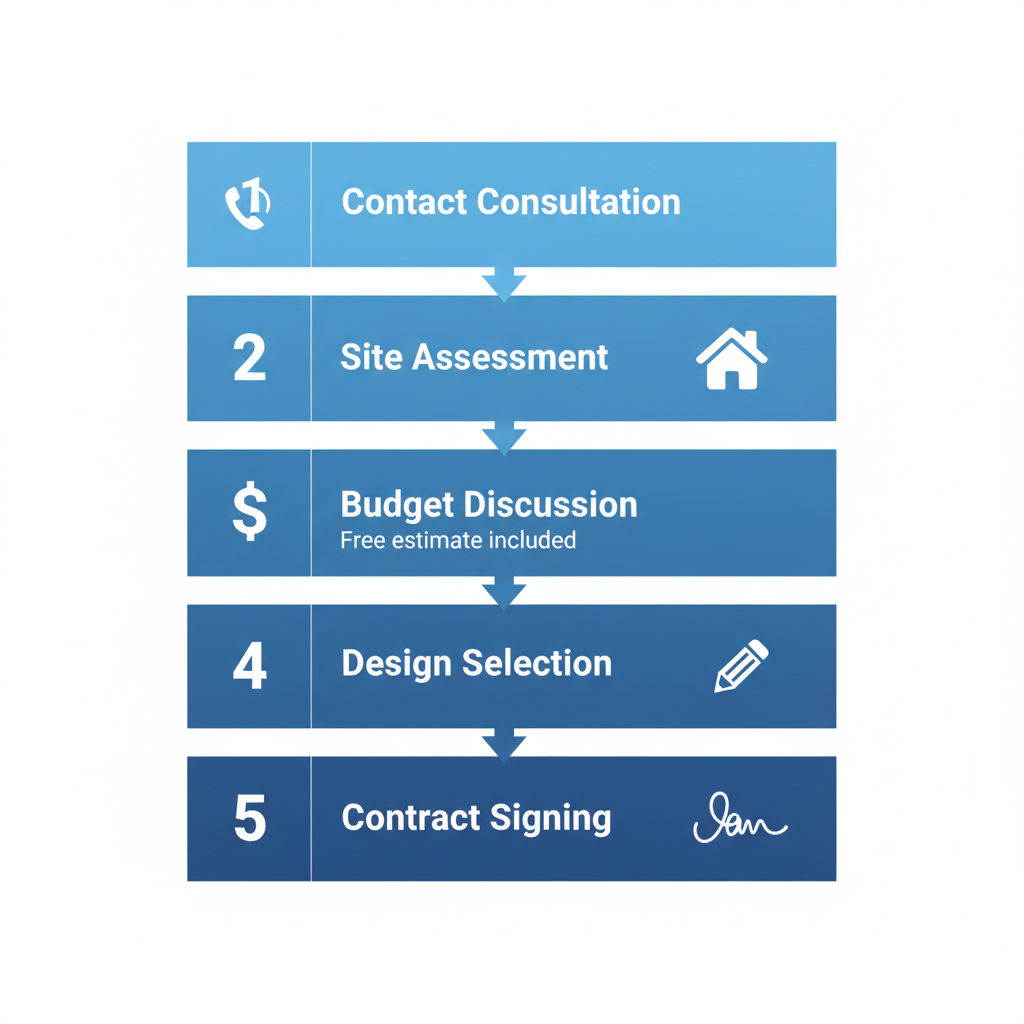 Vertical process flow diagram illustrating five key steps to start a bathroom remodel in Denver, including icons for consultation, assessment, budgeting, design, and contracting.