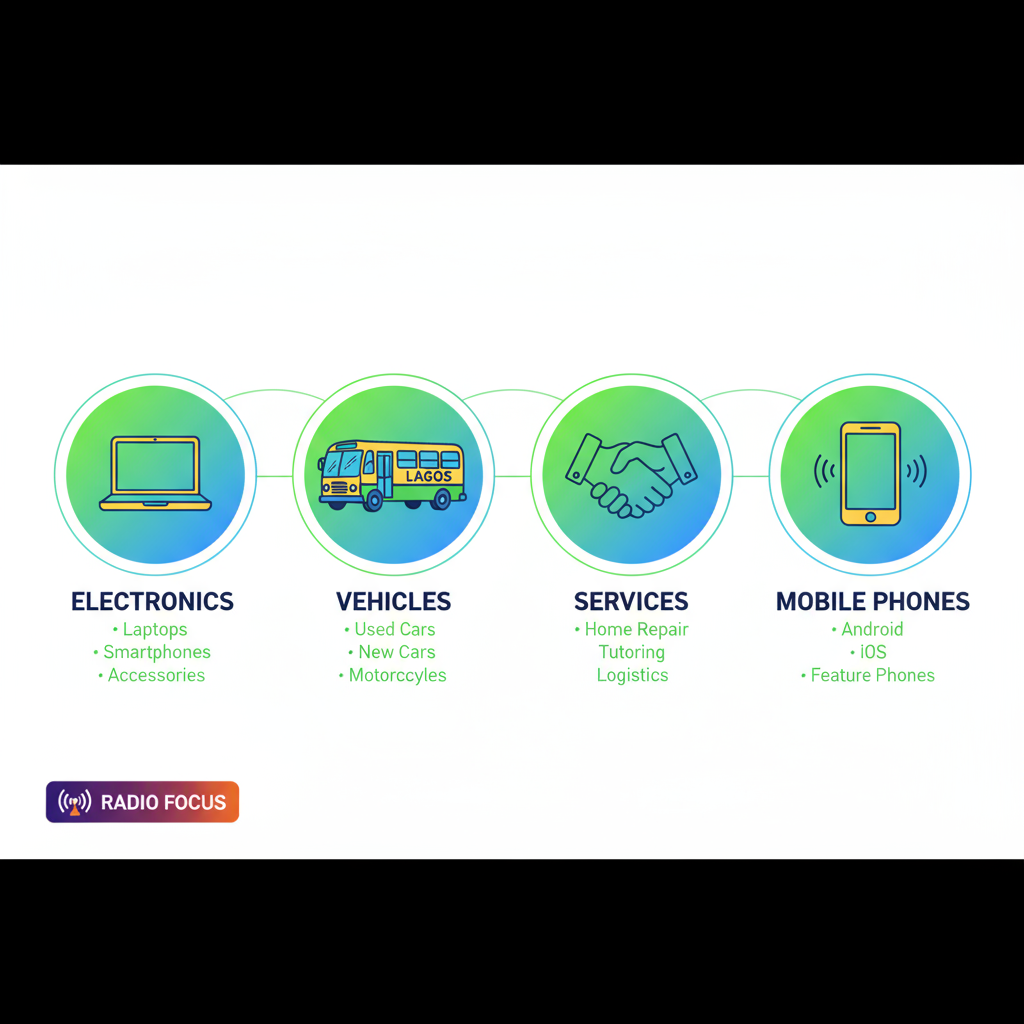 Infographic illustrating main categories on Xeeloq classifieds marketplace for Nigerians