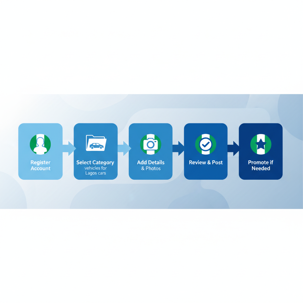 Horizontal process flow diagram showing five steps to post a free ad on Xeeloq: register account, select category, add details and photos, review and post, promote if needed.