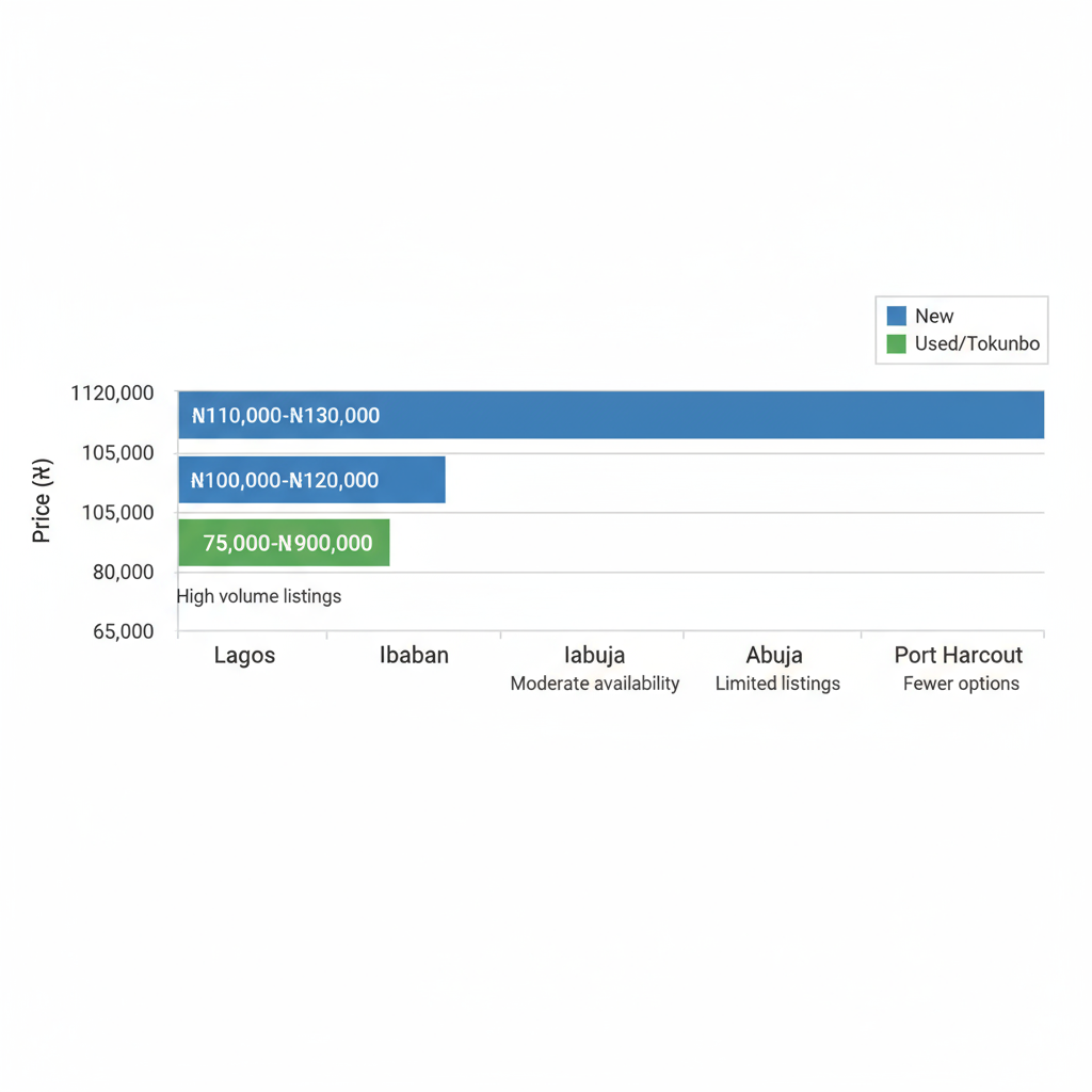 Horizontal bar chart comparing average new and used Tecno Camon 18 prices in major Nigerian cities including Lagos, Ibadan, Abuja, and Port Harcourt